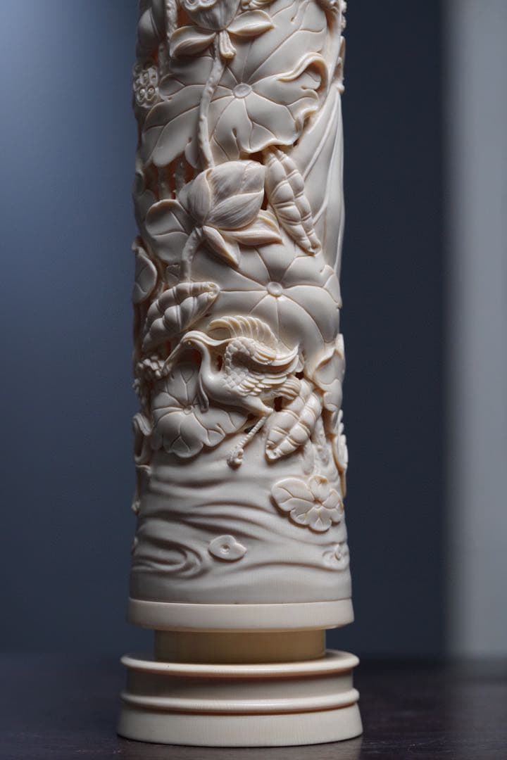 天然マンモス牙美しい手作り彫刻一鷺蓮昇香筒