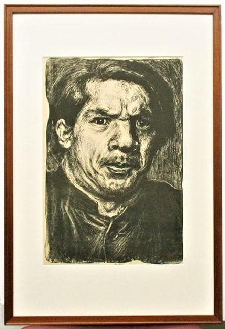 筧忠治　タイトル「自画像」　リトグラフ　額装