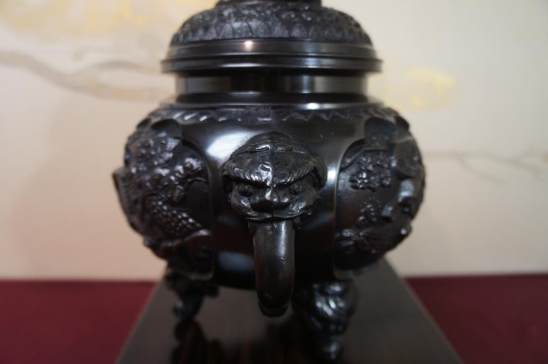 ★美品 未使用 高岡銅器 瑞峰作 新特大 花鳥 高級銅製香炉工芸作家造 送料込み