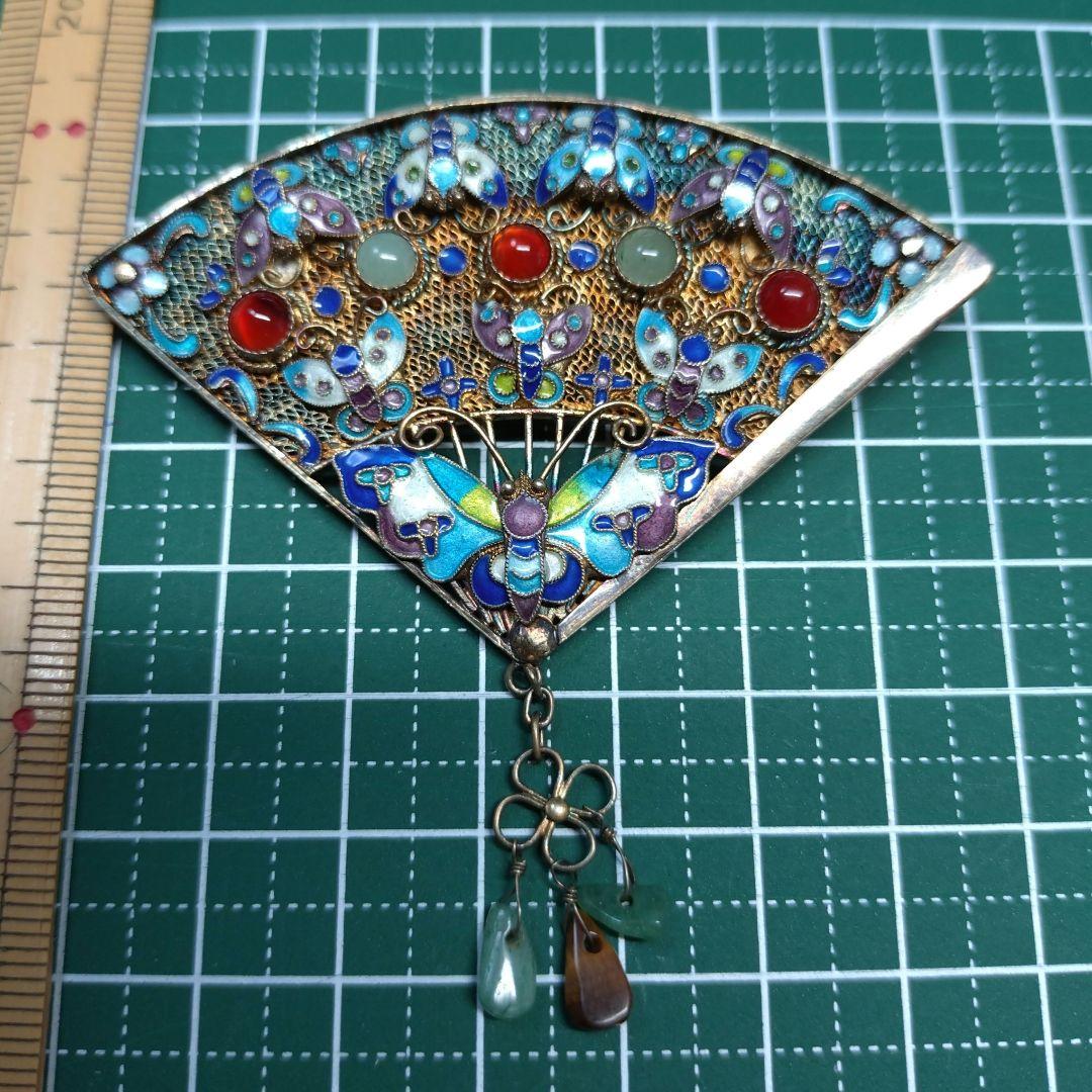 【希少】七宝焼 透かし扇 銀線細工 ブローチ
