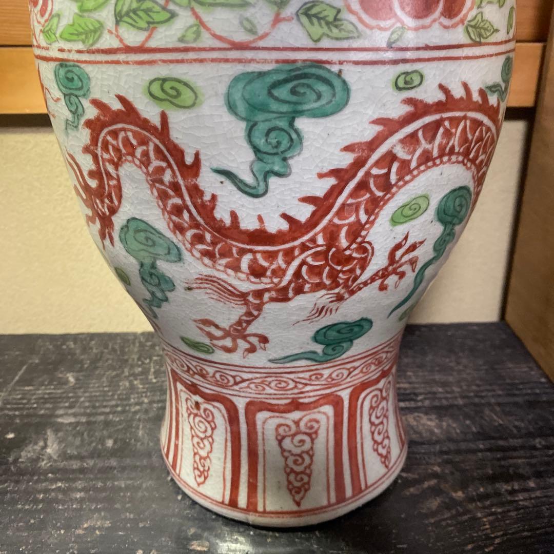 中国古玩　色絵鳳凰龍図花瓶【桐箱付】