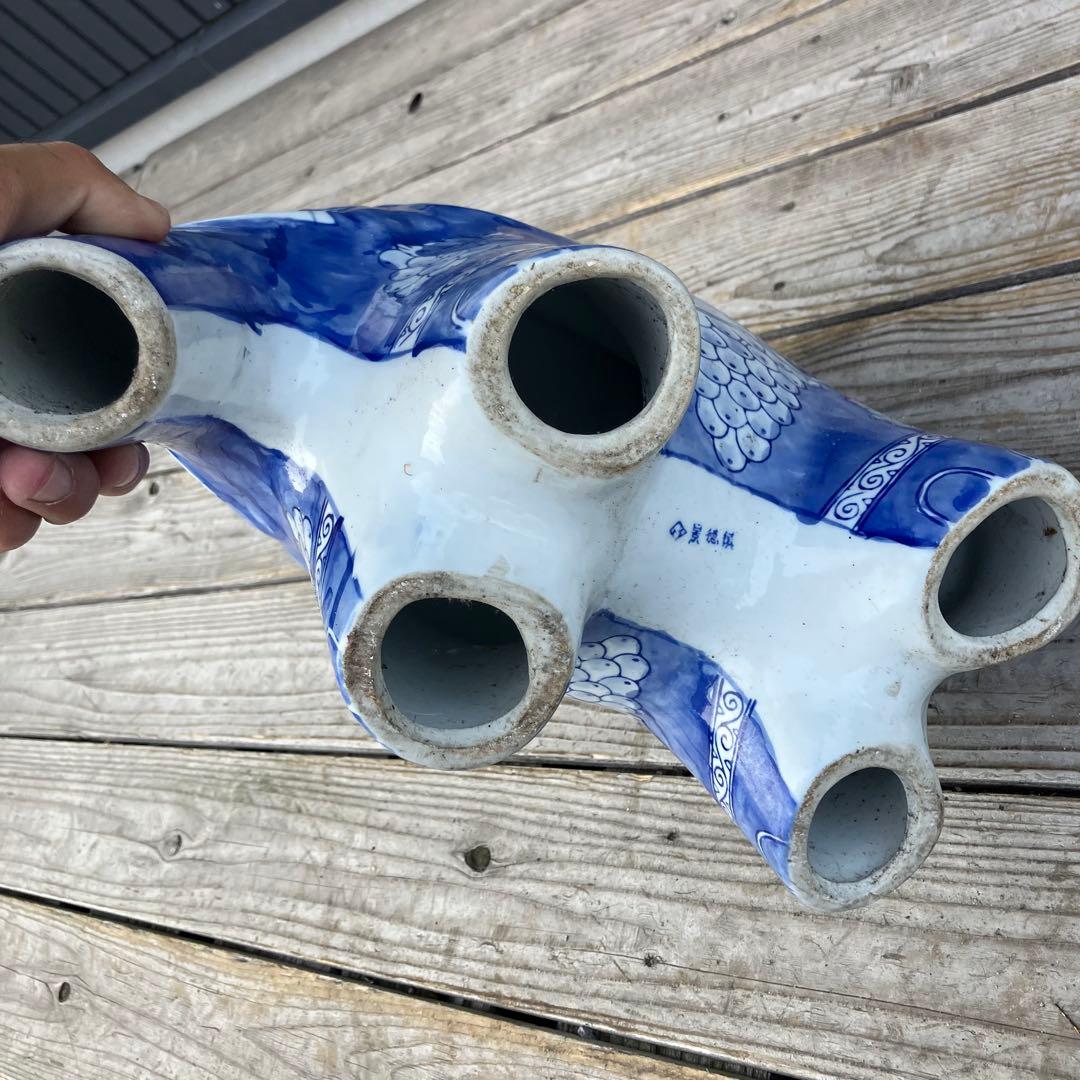 ① 景徳鎮 中国美術品 陶器製 象 オブジェ 飾り スツール 花台 染付 骨董品