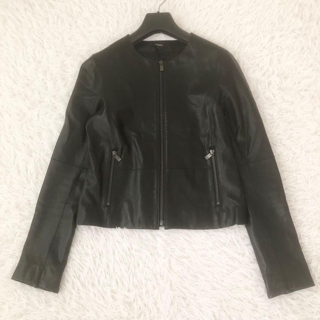 美品 セオリー ラムレザー ライダースジャケット FLAT CREW JKT 黒