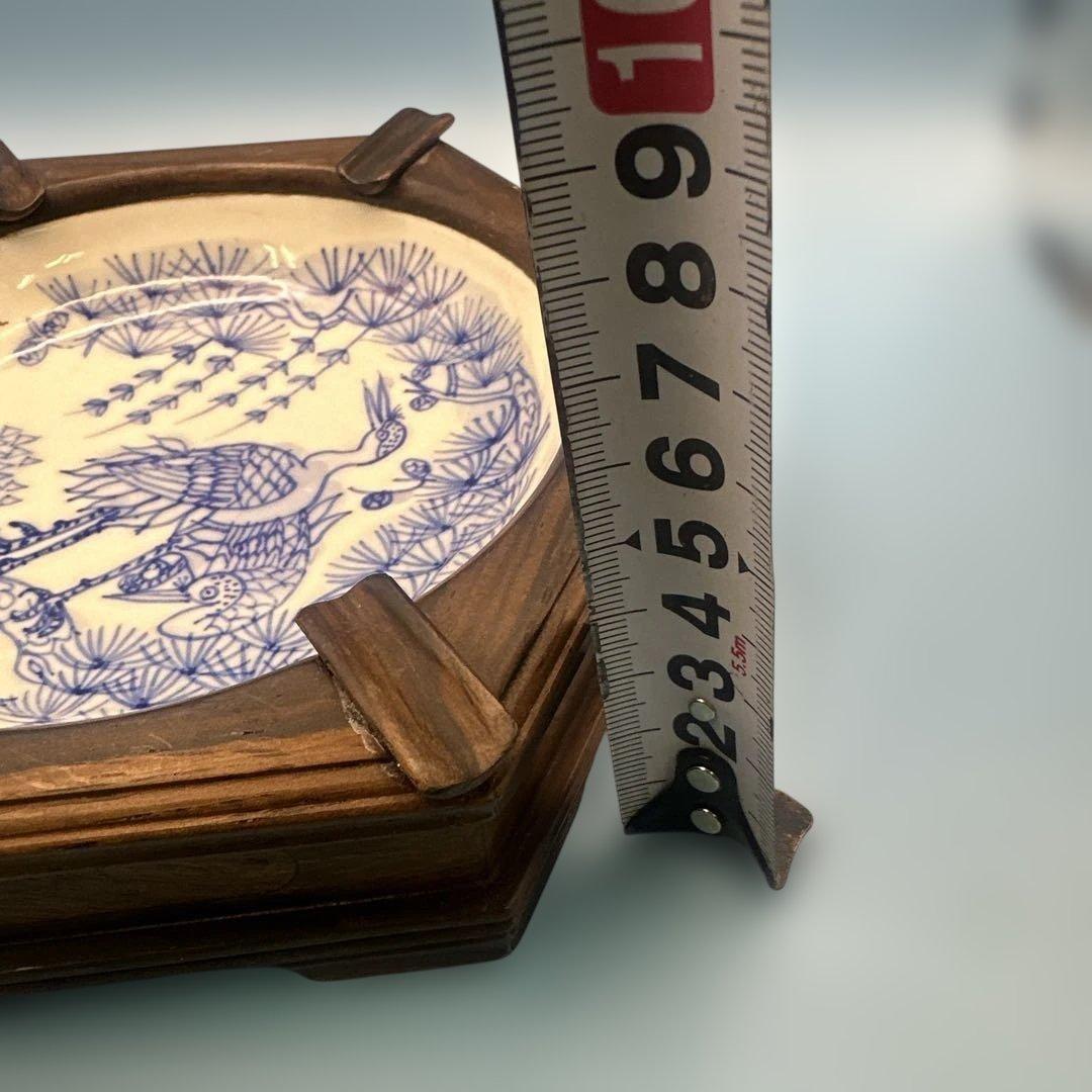 唐木 中国 灰皿 置物 アンティーク 青い鶴の陶器皿 六角形 木製フレーム付き