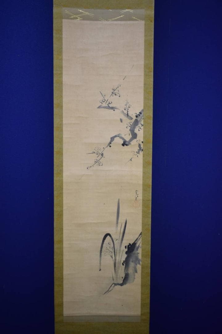 真作/狩野常信/梅花水仙図/布袋屋掛軸HH-912