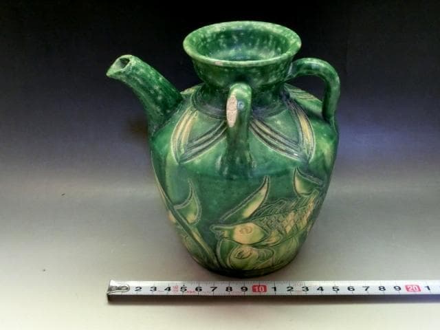 水注■唐物緑釉魚紋耳付箆目水瓶 水差 花瓶 古玩 古陶 中国 時代物 骨董品■