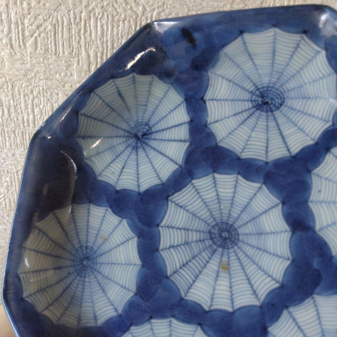 古伊万里染付蜘蛛の巣文様瑠璃八角皿江戸時代