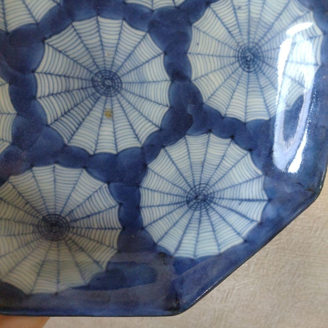 古伊万里染付蜘蛛の巣文様瑠璃八角皿江戸時代
