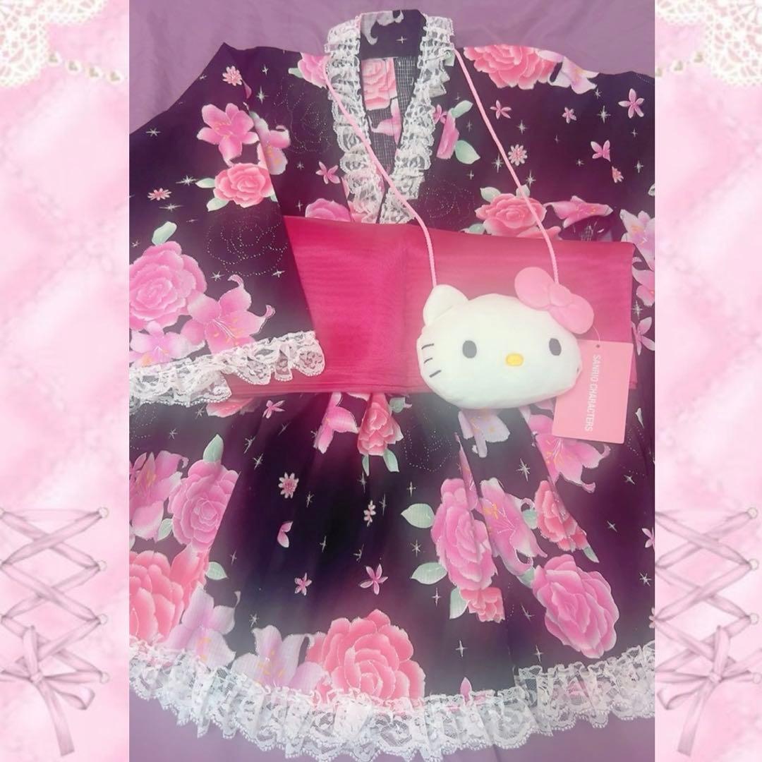 浴衣ドレス♡姫ギャル黒✖️ピンクバラ柄♡リメイク140150160 S キラキラ