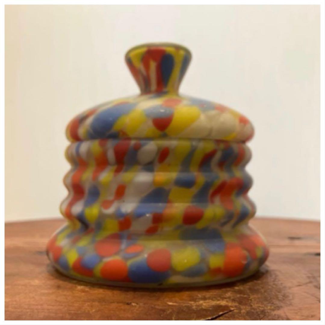 魅惑のマーブル模様の蓋物練りガラス器◇レトロガラス◇アンティークガラス◇古ガラス