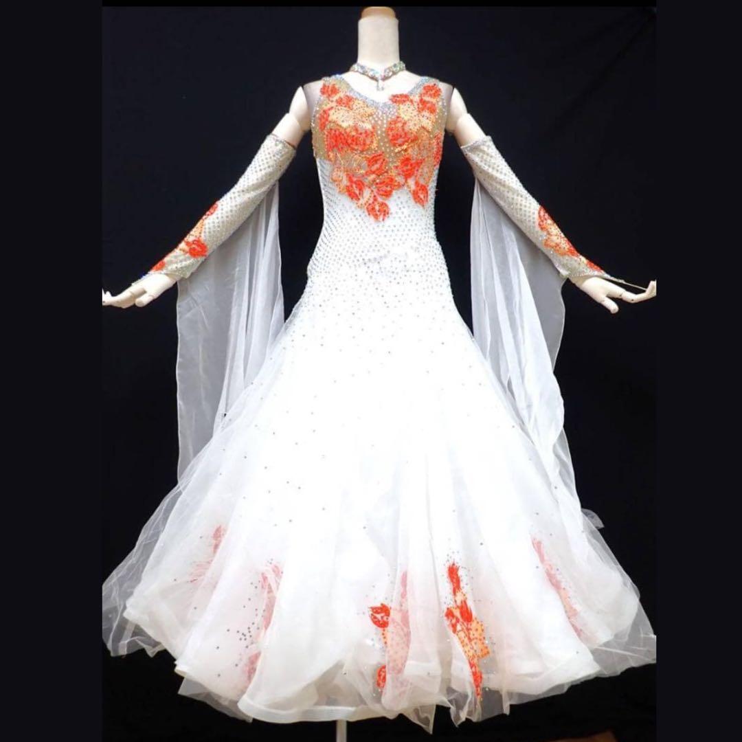 B1379★オフ白×オレンジ/チュール/ワンピ/スタンダードドレス☆社交ダンス
