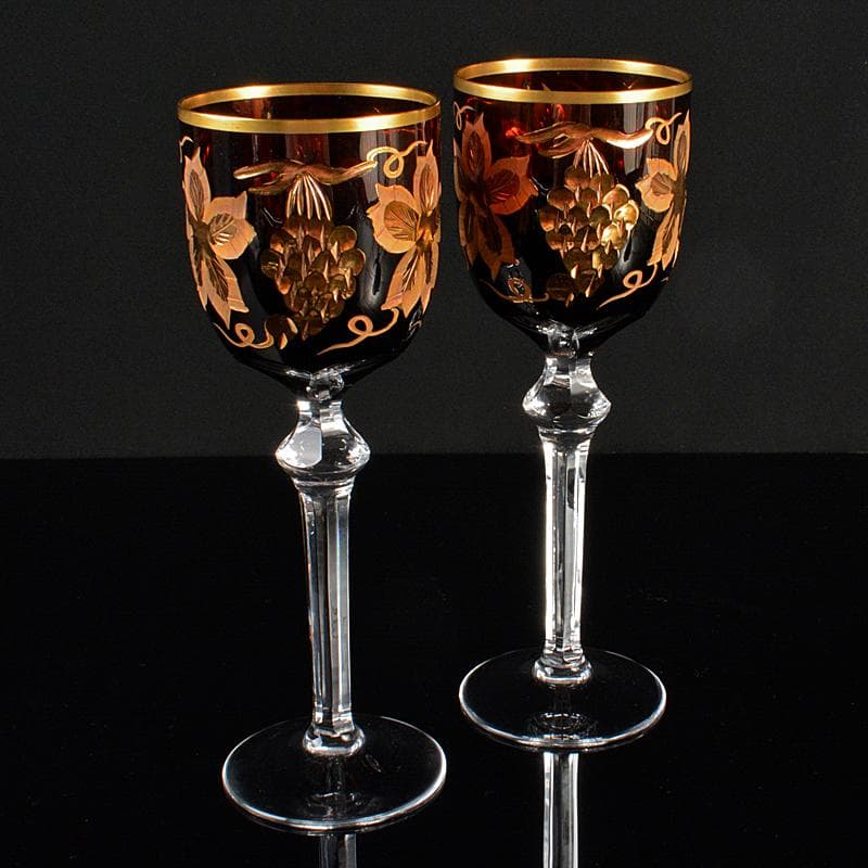 ボヘミアガラス　金彩　レッド　葡萄文　ワイングラス　ペア　M　R6069