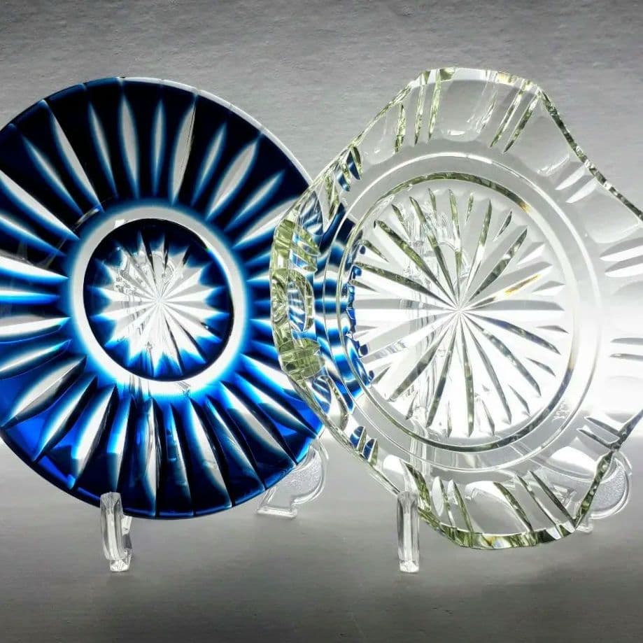 薩摩切子　藍色被せ皿・古式角皿 セット　【 薩摩びーどろ工芸 】