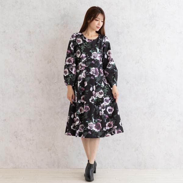 ローズティアラ★ローズプリントワンピース★42★ブラック★タグ付き新品