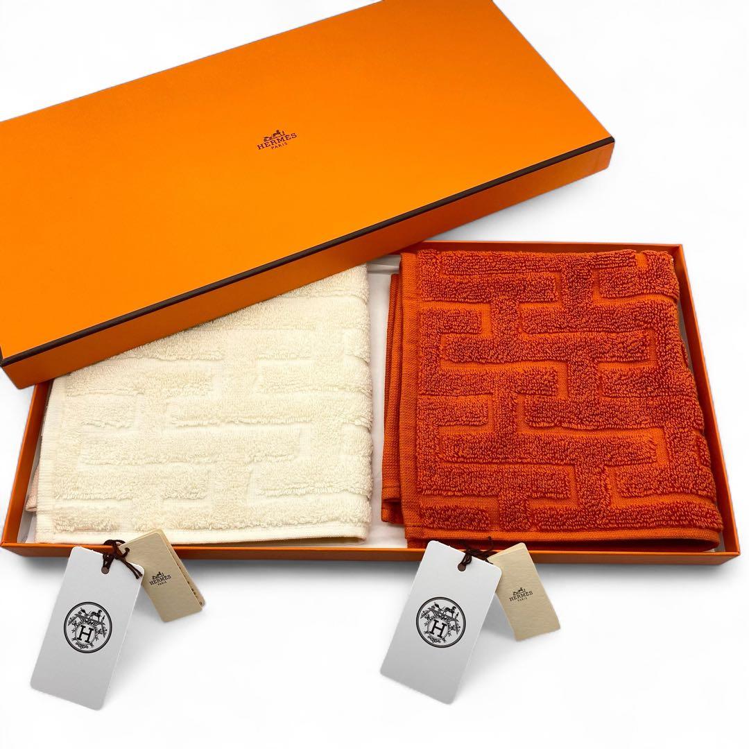 【未使用】HERMES・エルメス・ハンドタオル・セット・オフホワイト・オレンジ