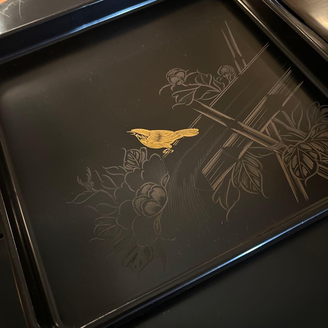 本堅地請合　漆　沈金　お盆×5