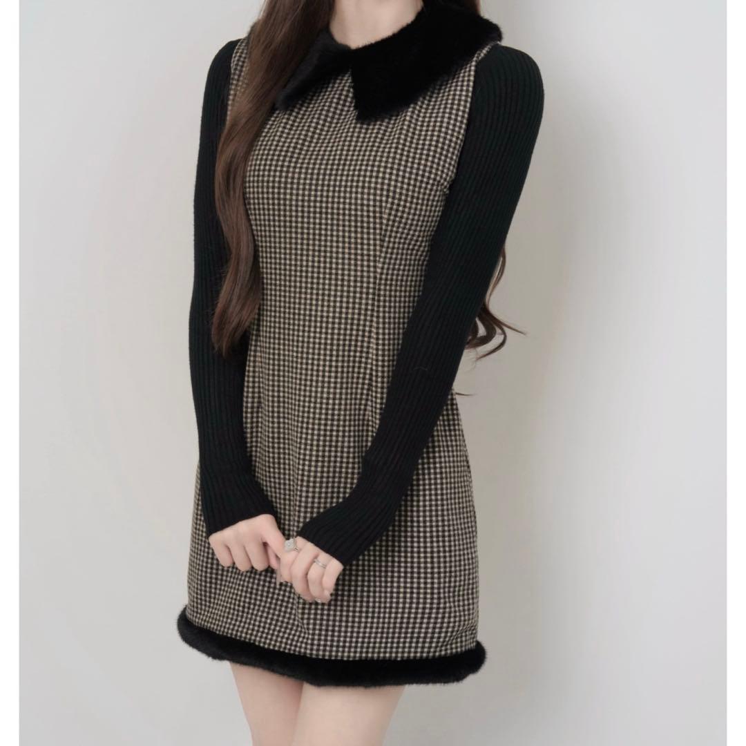ワンピース Lumignon fur collar mini check dress