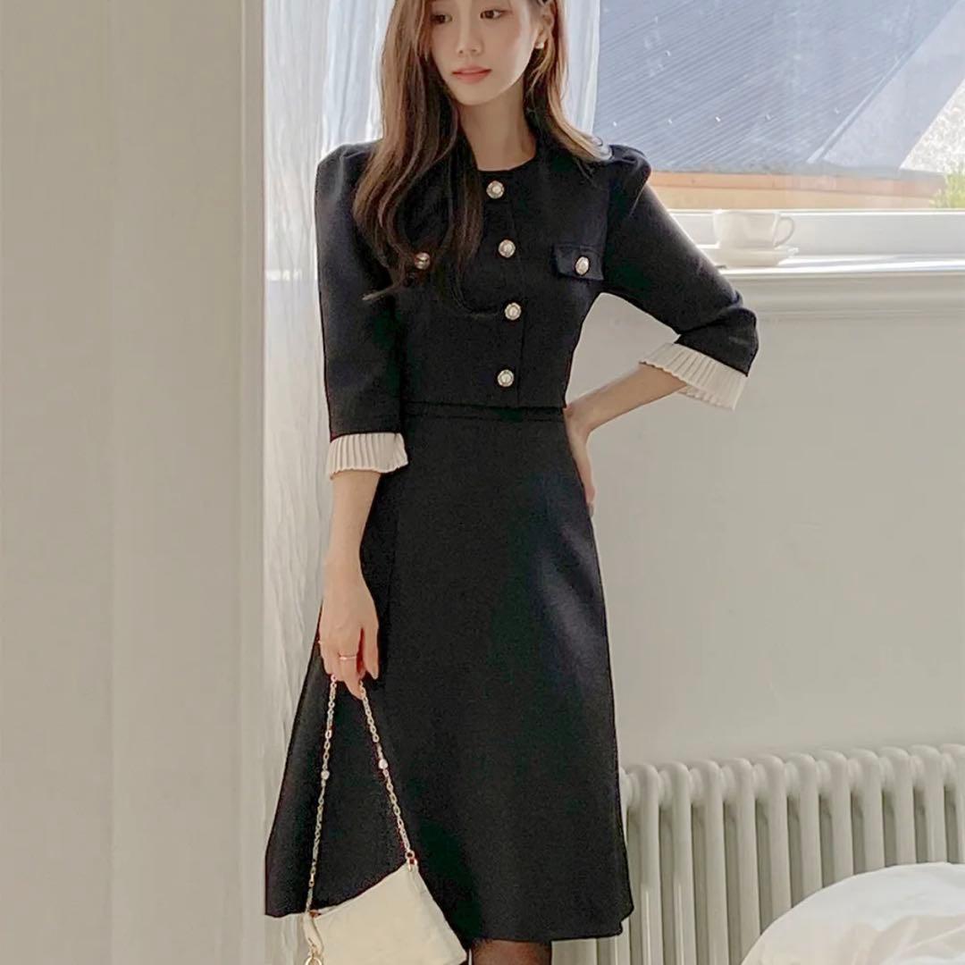 DHOLIC パール調ボタン プリーツ 7分袖 ツイード Aライン ワンピース