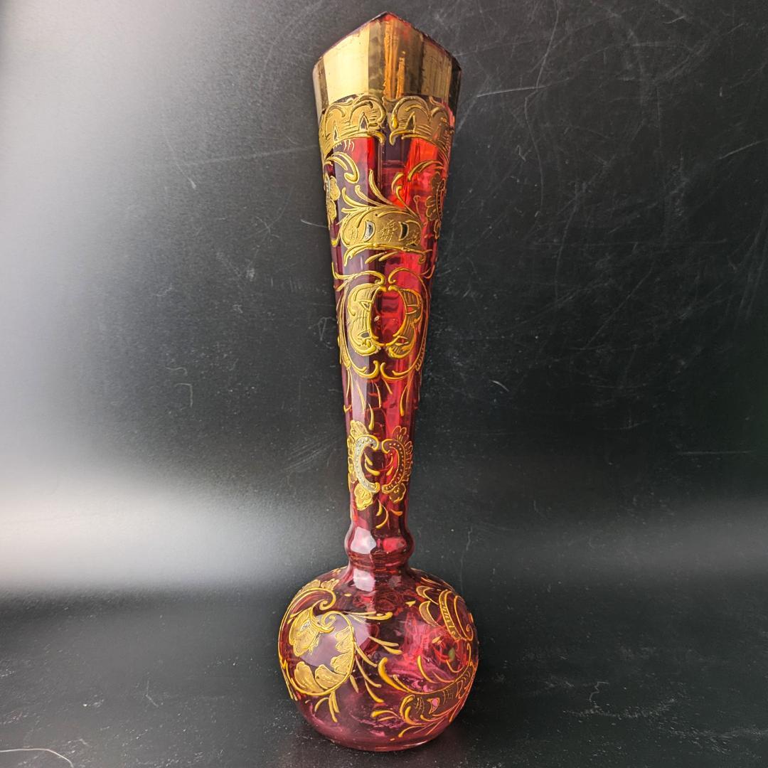 【輝く】オールドモーゼル ルビー 金彩銀彩 唐草紋様 花瓶25cm アンティーク