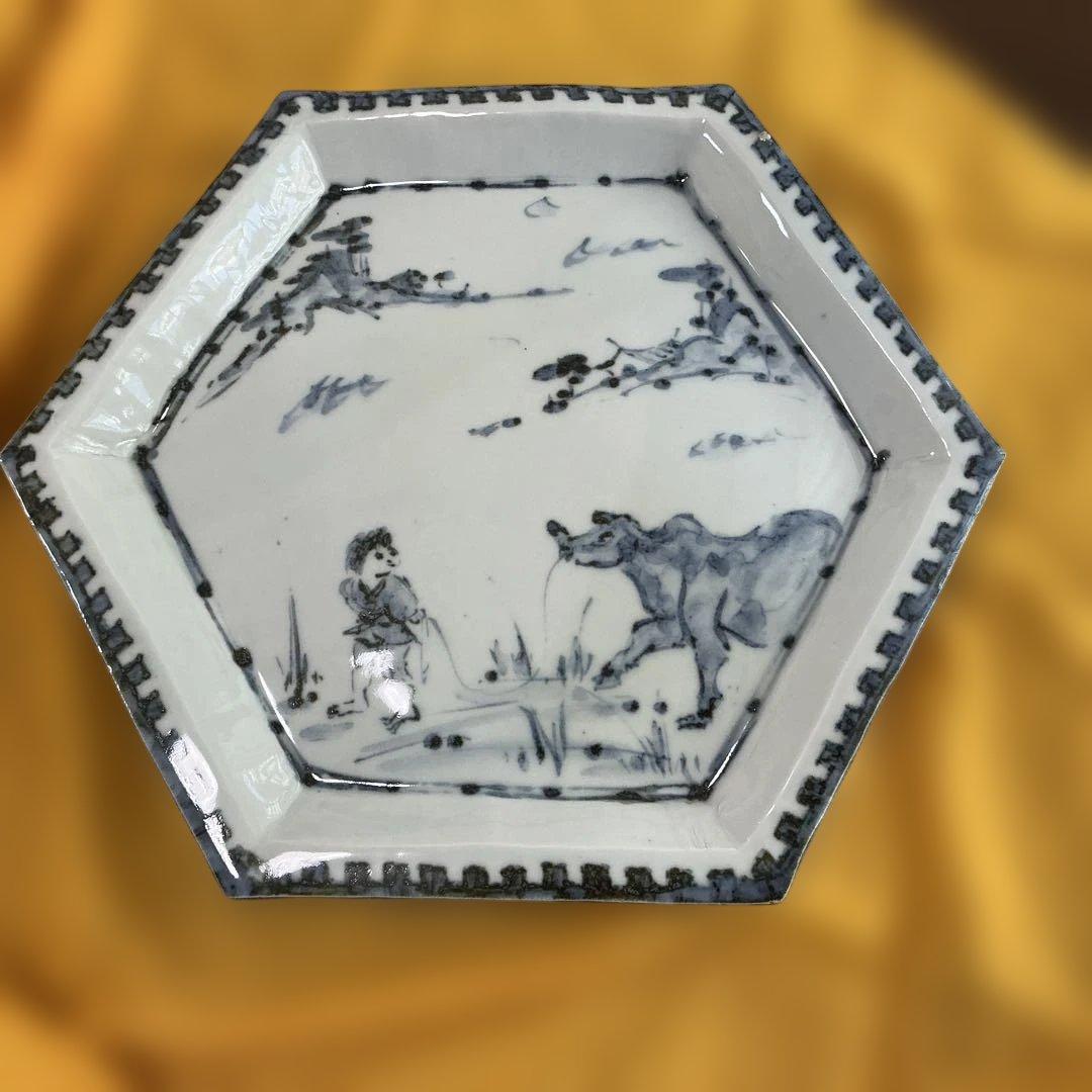 坪島土平　染付童牛絵六角鉢　廣永窯　美品　35cm