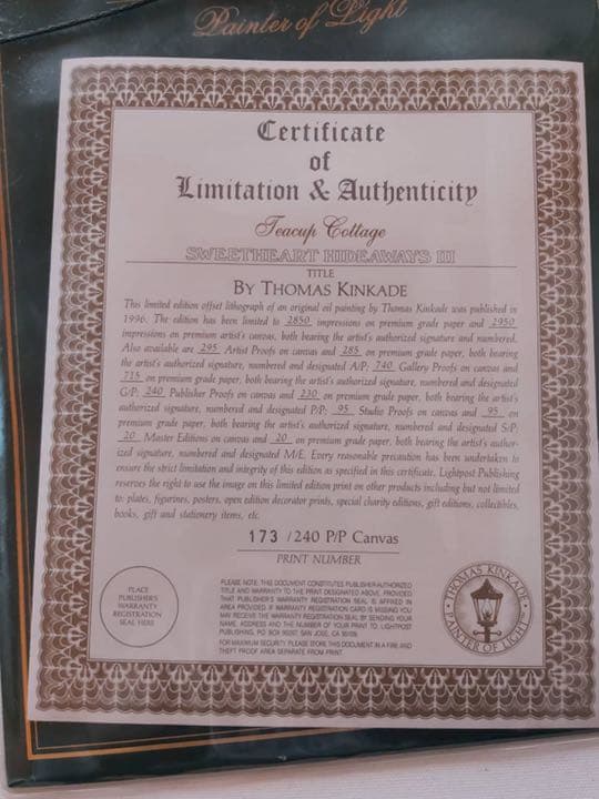 トーマス キンケード 絵画 TEACUP COTTAGE 保証書付き 1996年