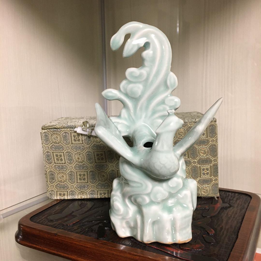 箱付き　中国龍泉窯　青磁　鳳凰　一輪挿し　花器　花瓶　オブジェ　インテリア