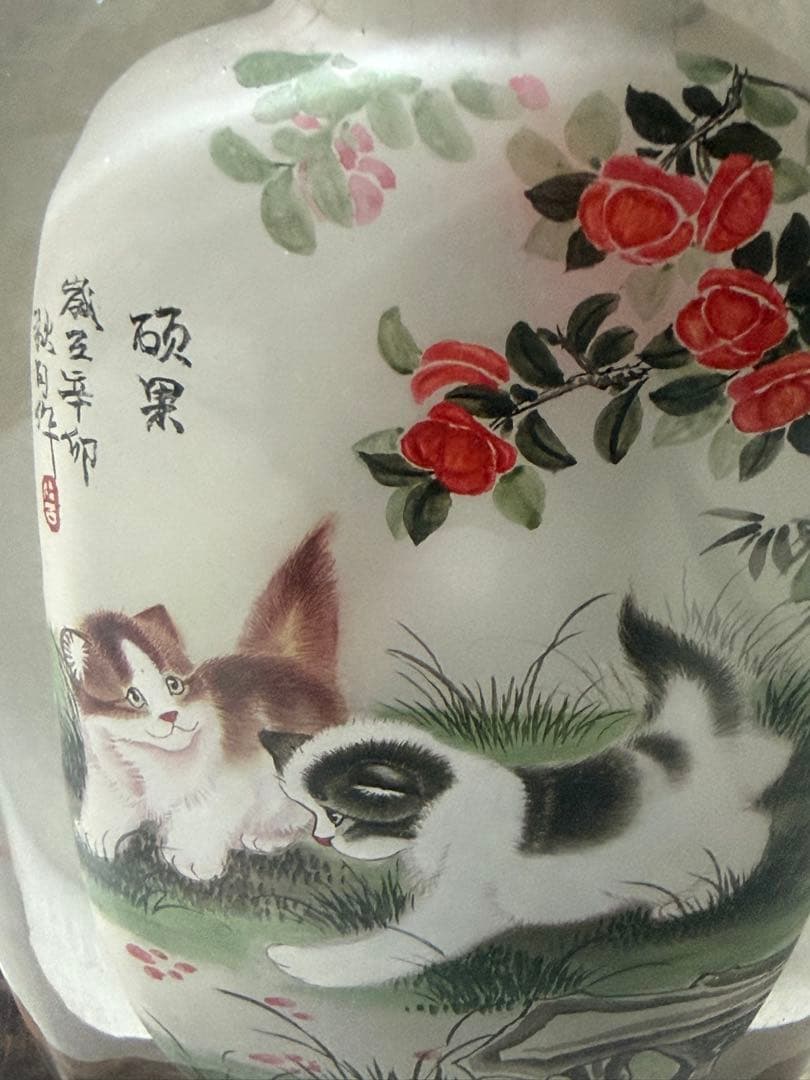 猫と花の絵柄 ガラス製鼻煙壺