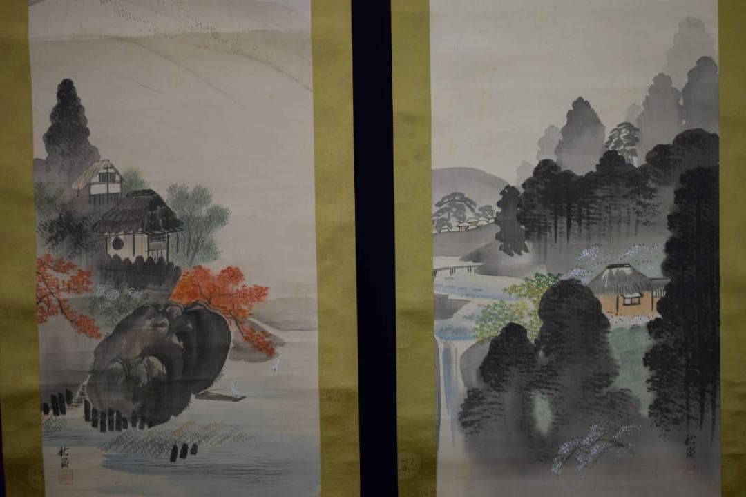 真作/中山秋湖/秋景山水図/双幅/桐共箱付/布袋屋掛軸HG-239