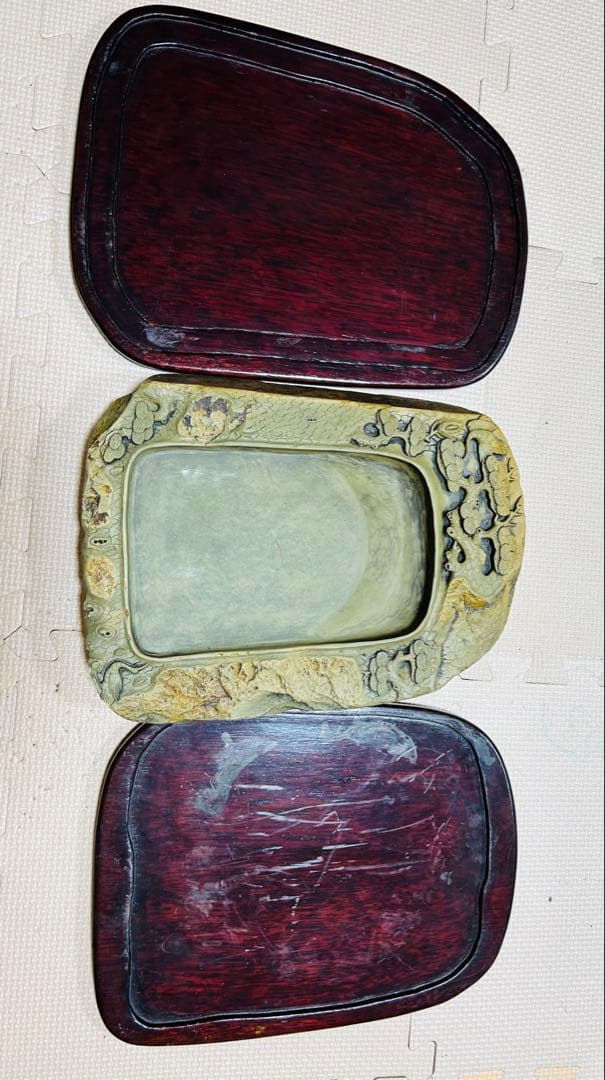 [極上珍品]房具 中国　清時代　古美術　硯紫檀蓋付き 松鶴綠端溪文房具