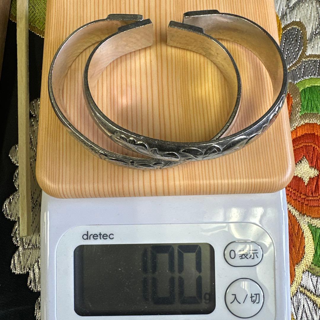 アクセサリー 銀 シルバーバングル 魚と花の彫刻