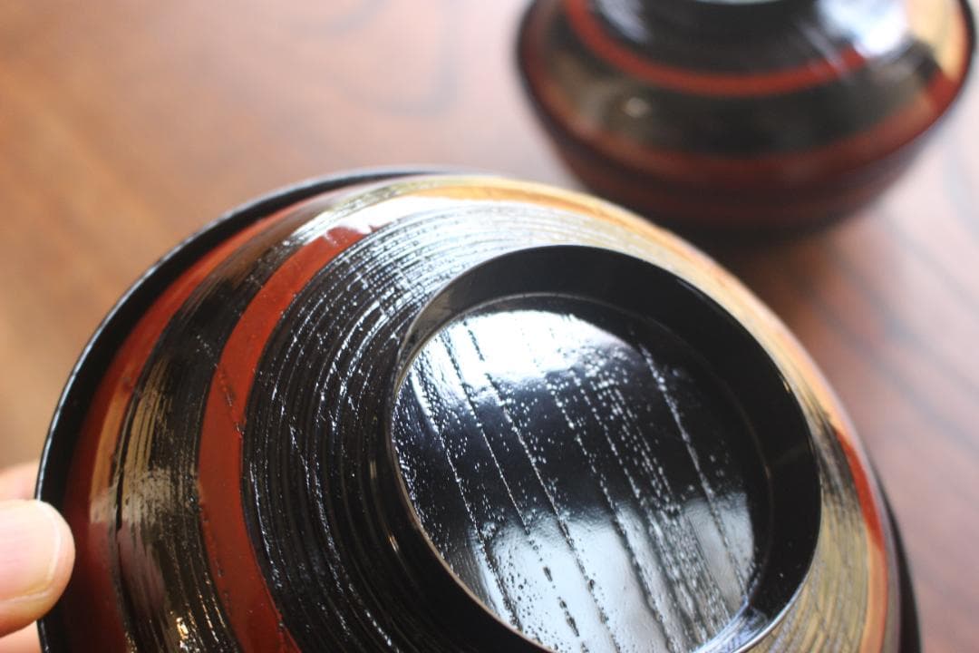 デッドストック！極上独塗分柿合わせに優美な見返雲錦蒔絵の映えるお椀2点（検山中塗