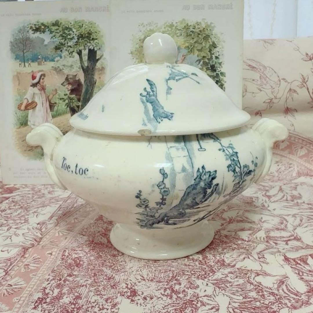 セール　フランスアンティーク　おままごと食器　赤ずきん　青　スーピエール