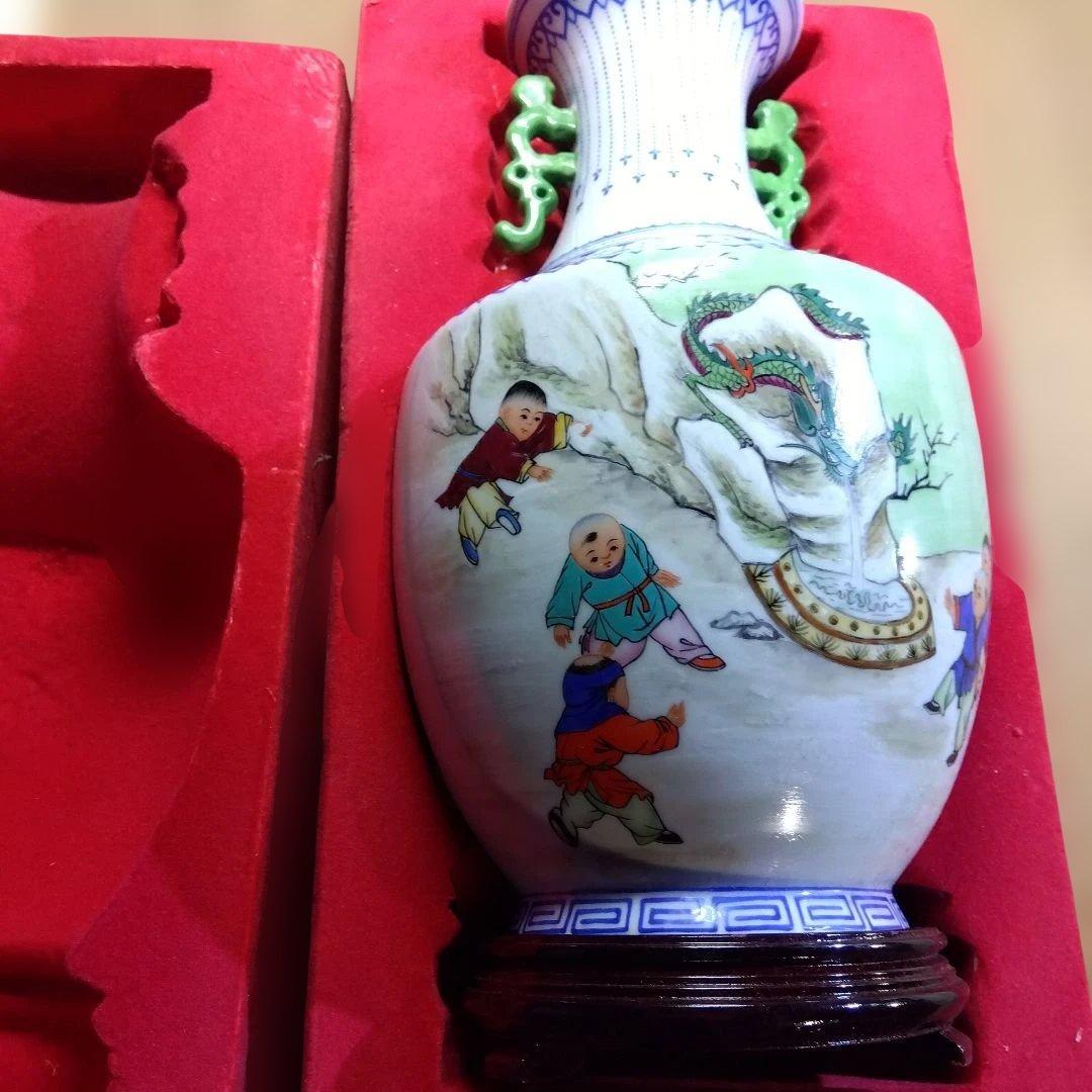 唐物　花瓶　陶磁器 花瓶 緑の持ち手 ドラゴン絵柄　唐子