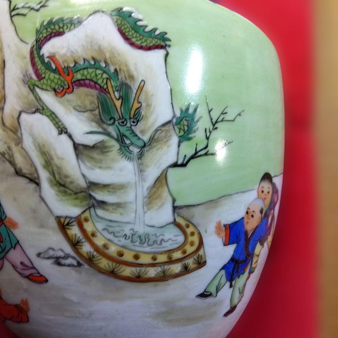 唐物　花瓶　陶磁器 花瓶 緑の持ち手 ドラゴン絵柄　唐子