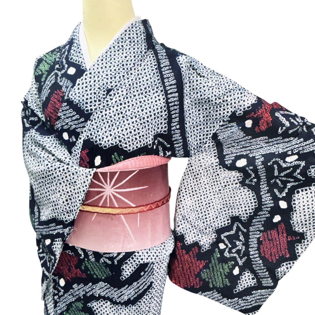 A72有松鳴海絞り 高級浴衣 花 綿　美品
