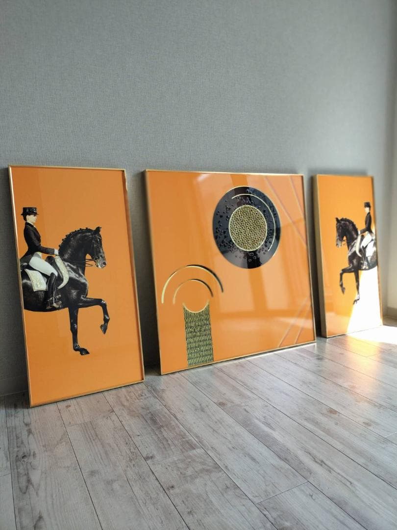 エルメス風　絵　オレンジ　騎手　馬と騎手のグラフィックアート3点セット