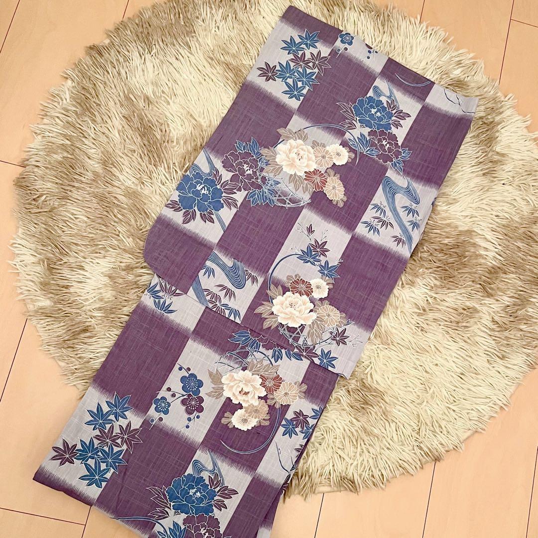 紫×市松×紅葉×牡丹 京都呉服店高級浴衣♡