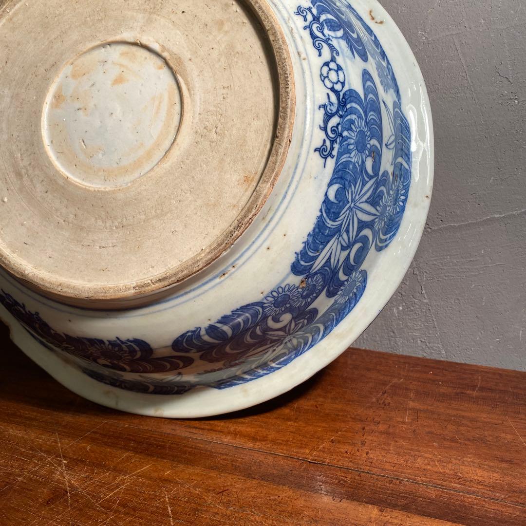 時代物 骨董品 印判大鉢 30cm 図変わり 鯉 うさぎ 蛇目高台 コレクション