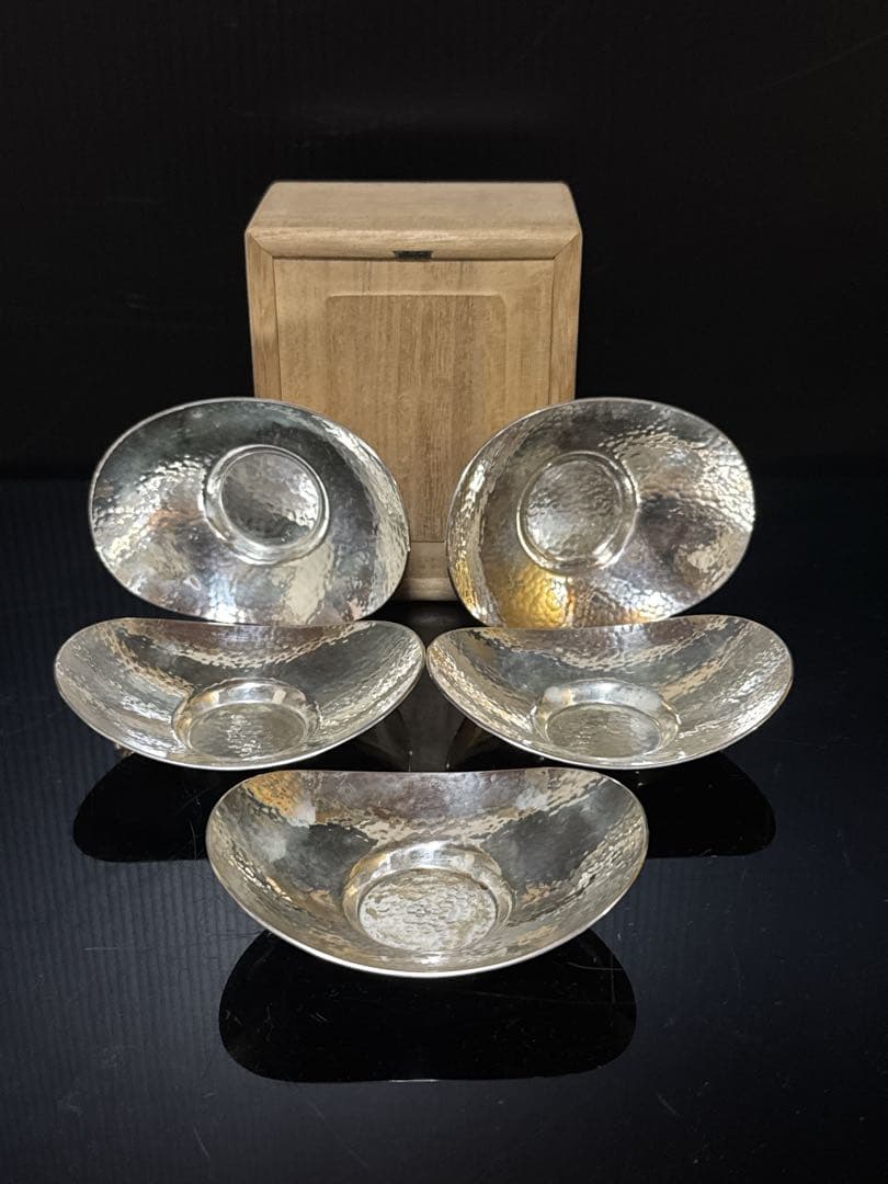 純銀 槌目 小判型 茶托 5枚 桐箱付 約290g 茶道具 煎茶