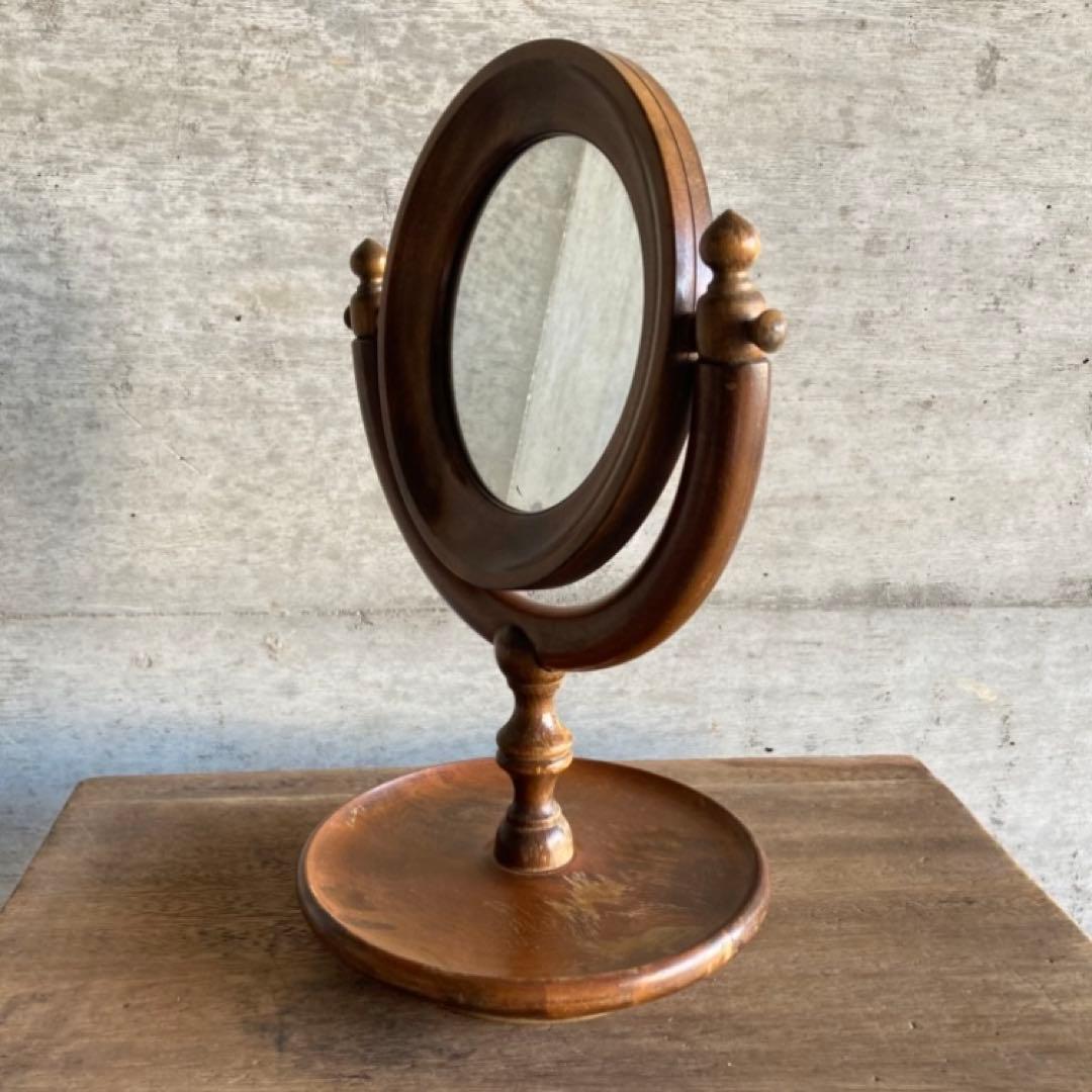 古い味のある卓上鏡 鏡台 ミラー 木製 回転式 丸型 民藝 レトロ ヴィンテージ