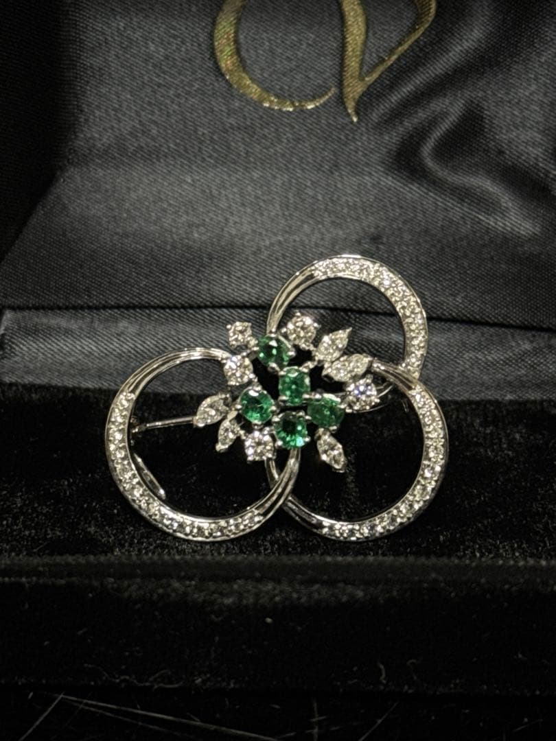 鑑定書付 Pt900 天然エメラルド ダイヤ 帯留 ブローチ