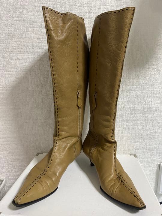sub5　エルメス　ロングブーツ　本革　ベージュ　ステッチ