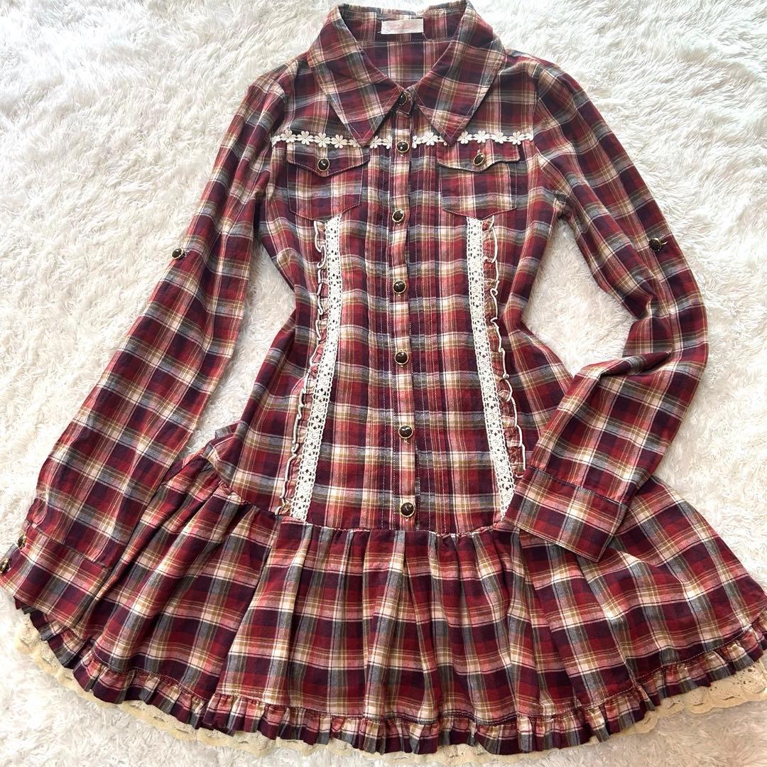 00s 希少 LIZLISA ビッグリボン チェック　ワンピース　シャツ