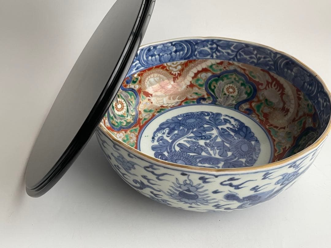 骨董　アンティーク　古伊万里　色絵　金襴手　染錦　龍文　鉢　深鉢　平水指　茶道具
