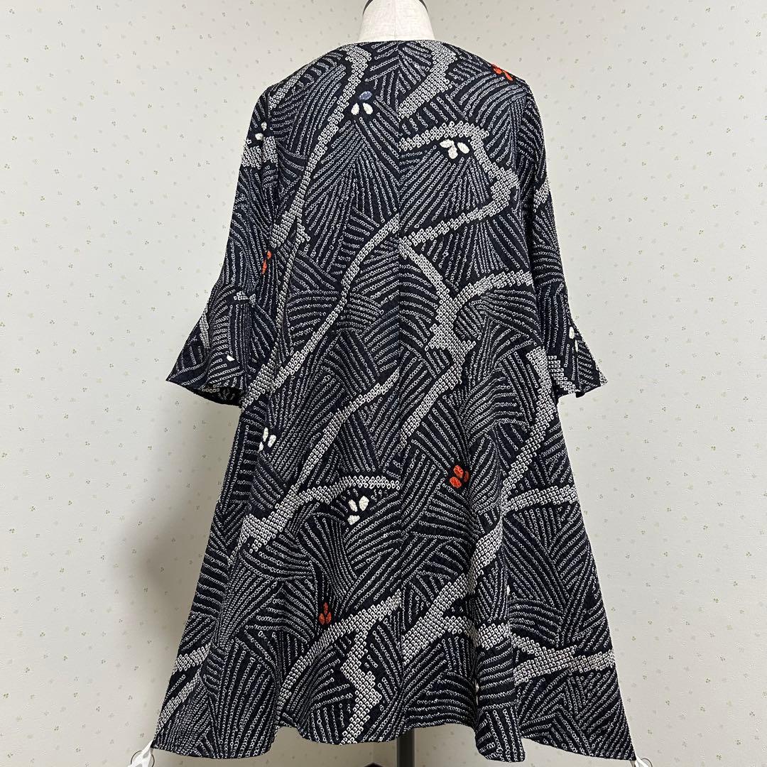 着物リメイク　新品正絹総絞りベルスリーブハート型ネックワンピ＊スヌード