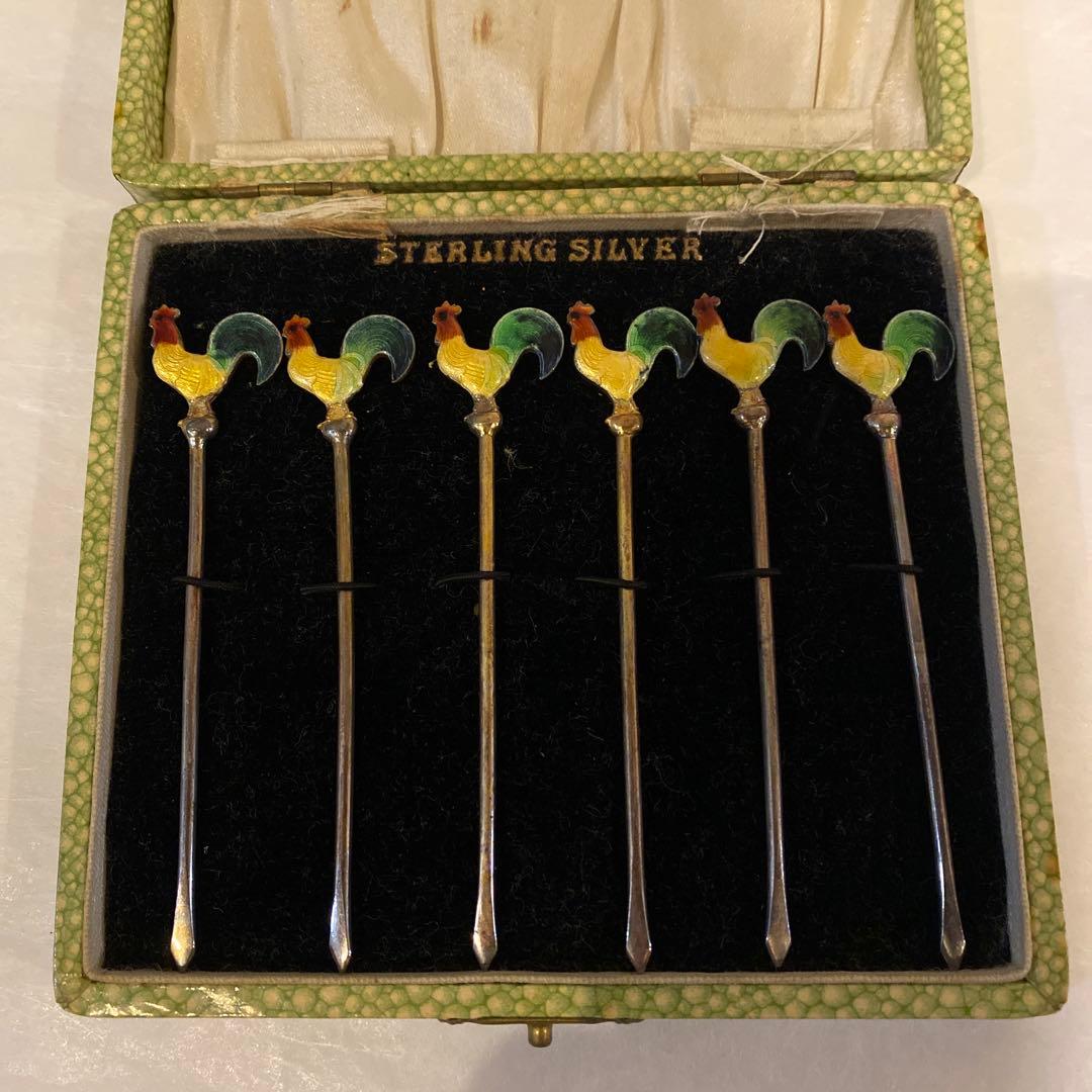 値下げ　スターリングシルバー 七宝焼　エナメル　鶏 フルーツピックオリーブピック