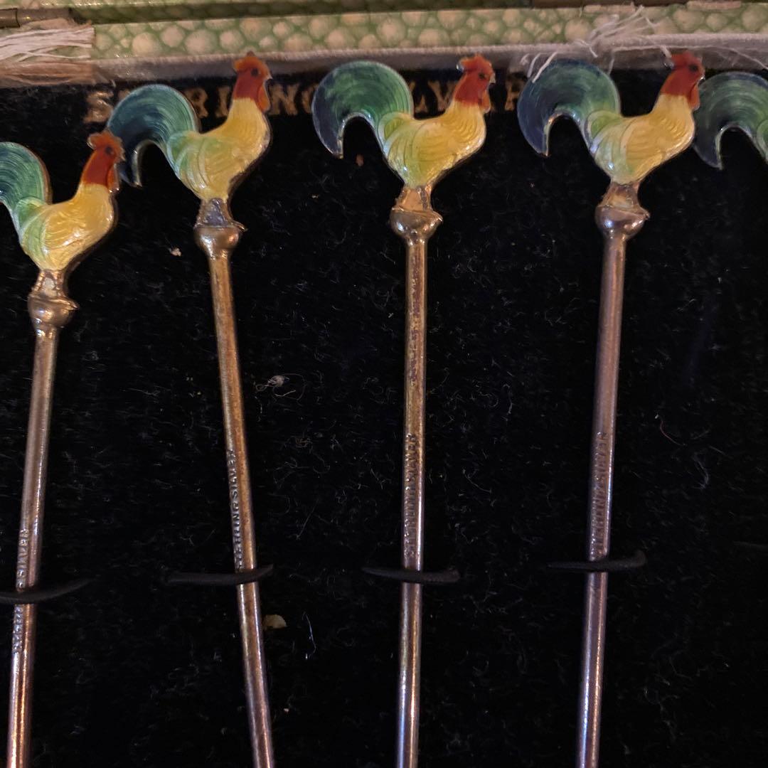 値下げ　スターリングシルバー 七宝焼　エナメル　鶏 フルーツピックオリーブピック