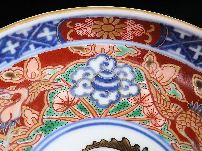 大聖寺伊万里　金襴手　鶴に吉祥紋の図　５寸半皿　041AS-CAl