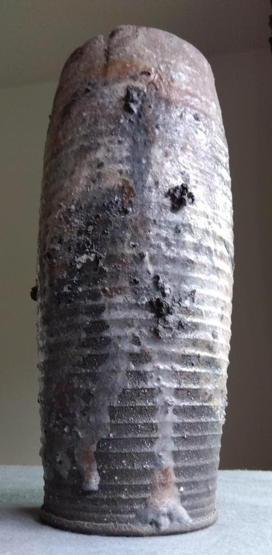 越前焼　白越不朝　塩越窯　自然灰釉究極美迸る逸品 還元窯変美筒状花器 No:12