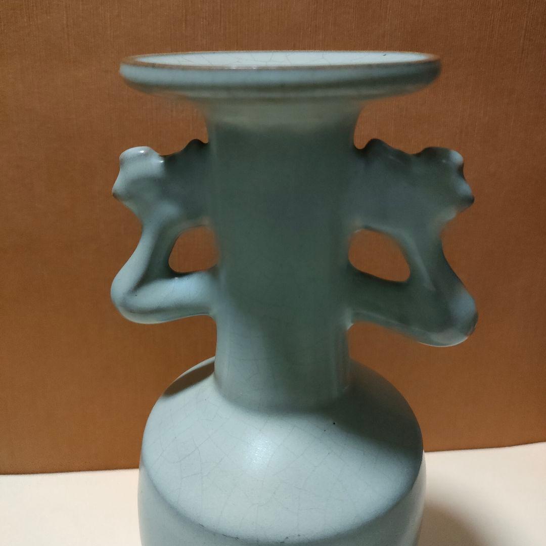 Q*t様 中国美術　月白釉　時代物　アンティーク　双耳花入　花瓶　仿汝窯　清朝